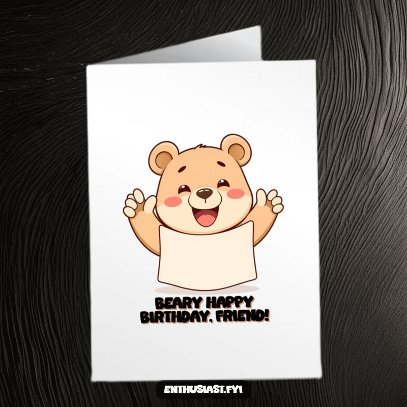 Funny Free Printable Birthday Card: Happy bear with a wide grin waving a large banner, wishing joy.