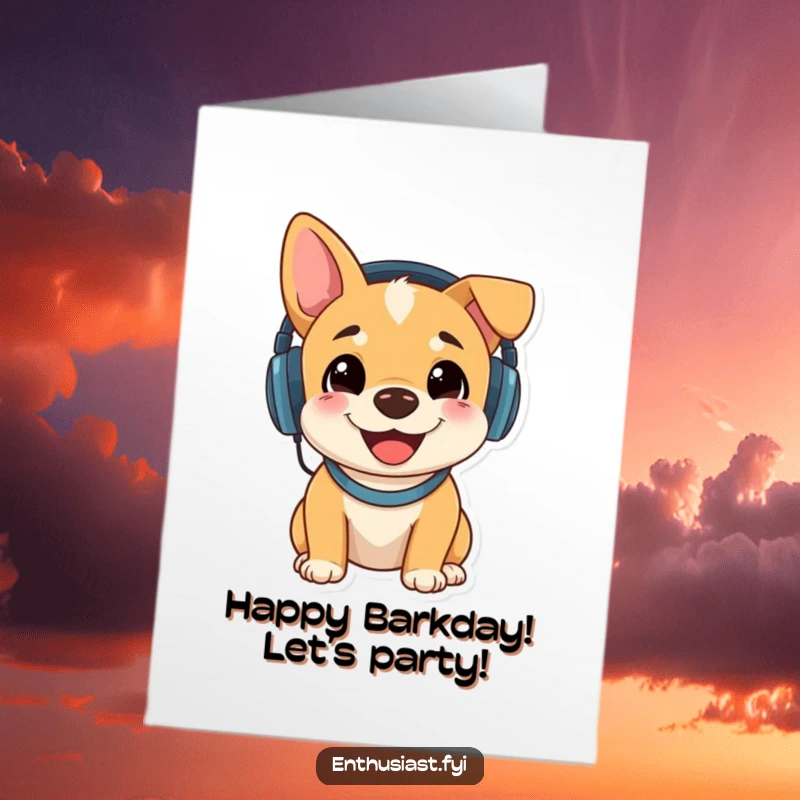 Funny Free Printable Birthday Card: Happy dog with headphones on, grooving to music, ready for a birthday party.