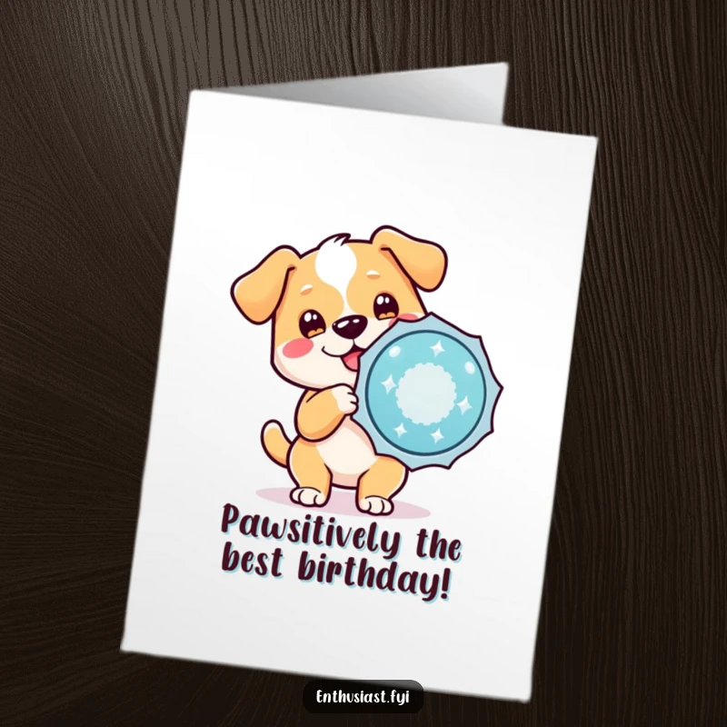Funny Free Printable Birthday Card with a dog holding a sparkling badge, celebrating a winner.