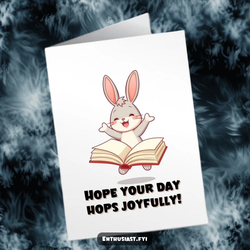 Funny Free Printable Birthday Card: Joyful bunny happily bounces while engrossed in a large, open storybook.