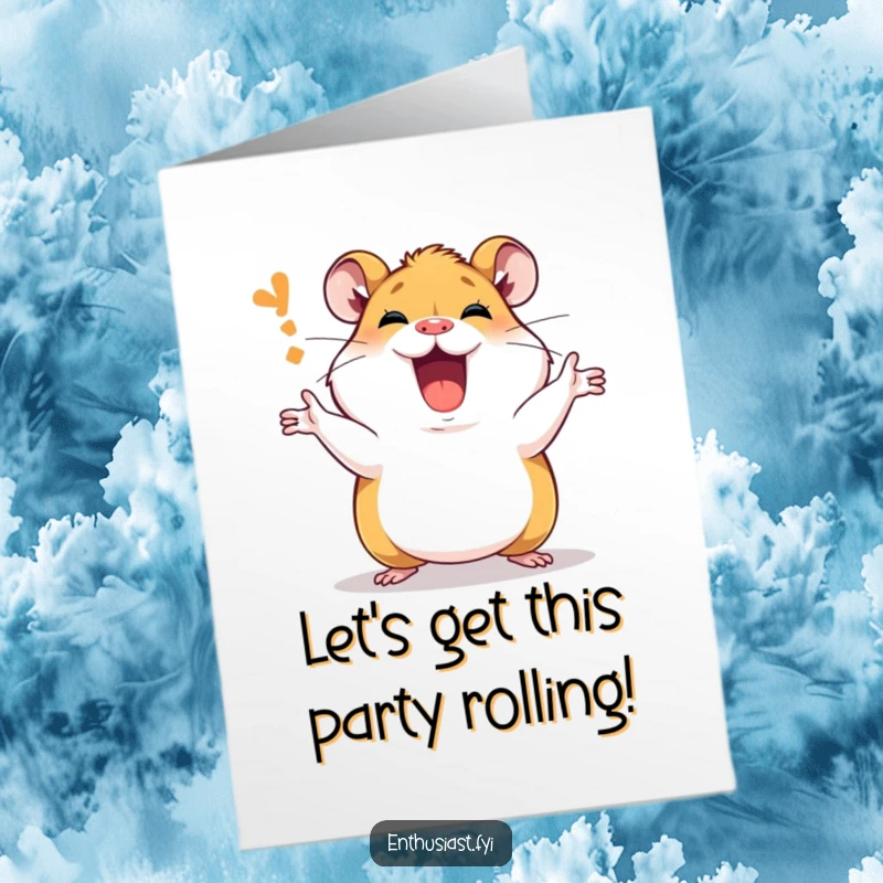 Funny Free Printable Birthday Card: Passionate hamster character enthusiastically explaining with animated gestures, full of birthday cheer.