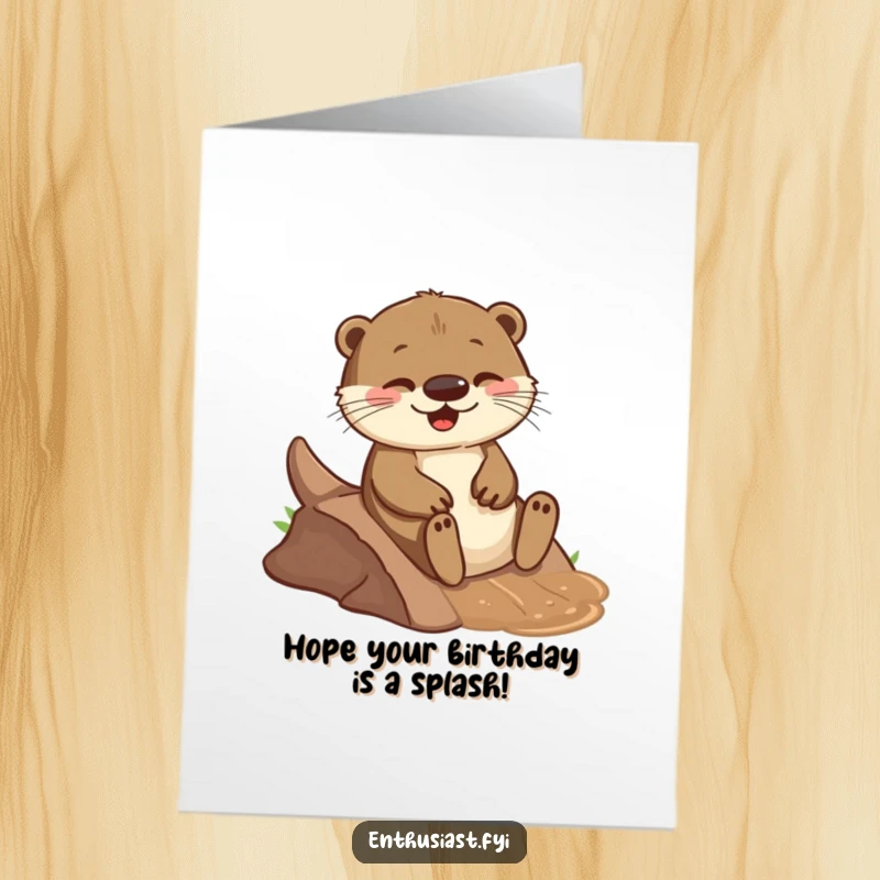Funny Free Printable Birthday Card shows a playful otter joyfully sliding down a muddy incline with a huge grin.