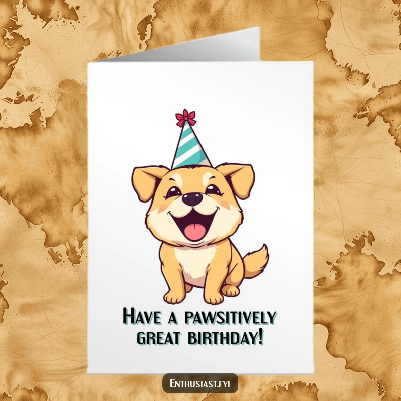 Funny free printable birthday card: an excited dog in a party hat barks joyfully, ready to celebrate.