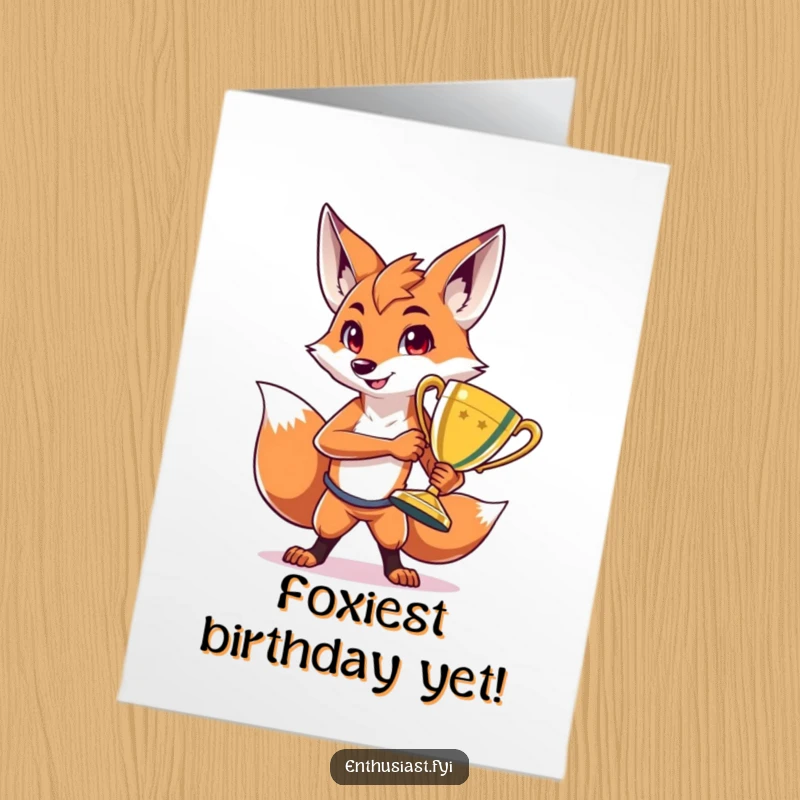 Funny Free Printable Birthday Card: Proud fox holding a giant trophy, winner pose, ready for a laugh.