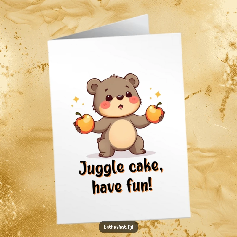 Funny Free Printable Birthday Card with a determined bear cub hilariously juggling three bright red apples, a perfect DIY birthday surprise.