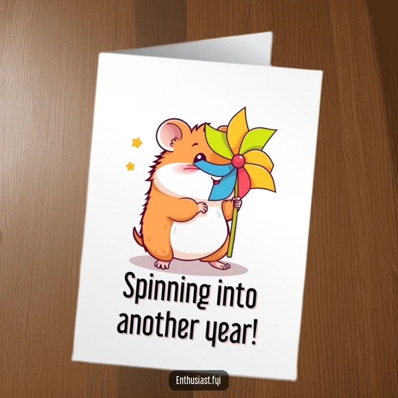 Funny Free Printable Birthday Card featuring an energetic hamster spinning a colorful pinwheel with excited eyes.