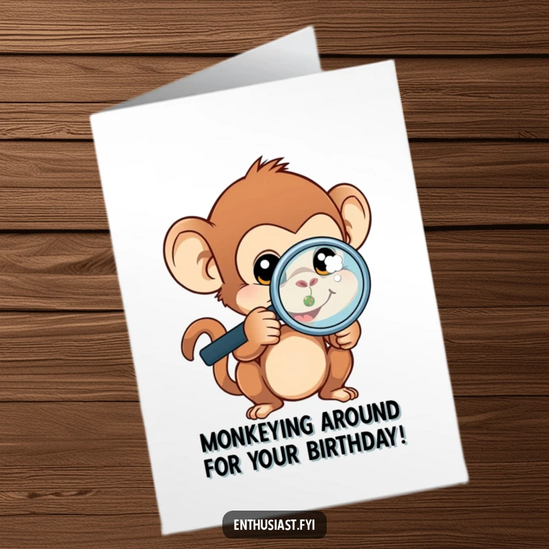 Funny Free Printable Birthday Card: Curious monkey with a magnifying glass examining a tiny object, happy.