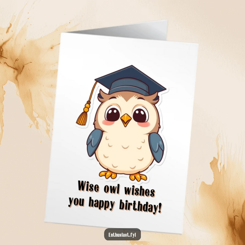 Funny Free Printable Birthday Card: Beaming owl wearing a graduation cap looks up with hopeful excitement for their birthday.