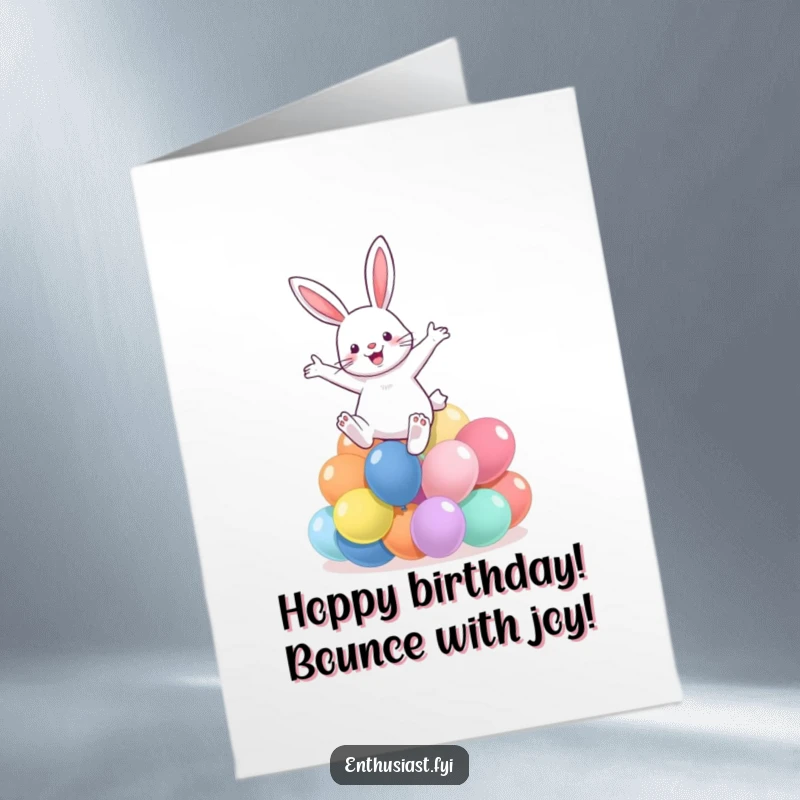 Funny Free Printable Birthday Card: A happy rabbit energetically leaps over a pile of bright balloons, celebrating a birthday.