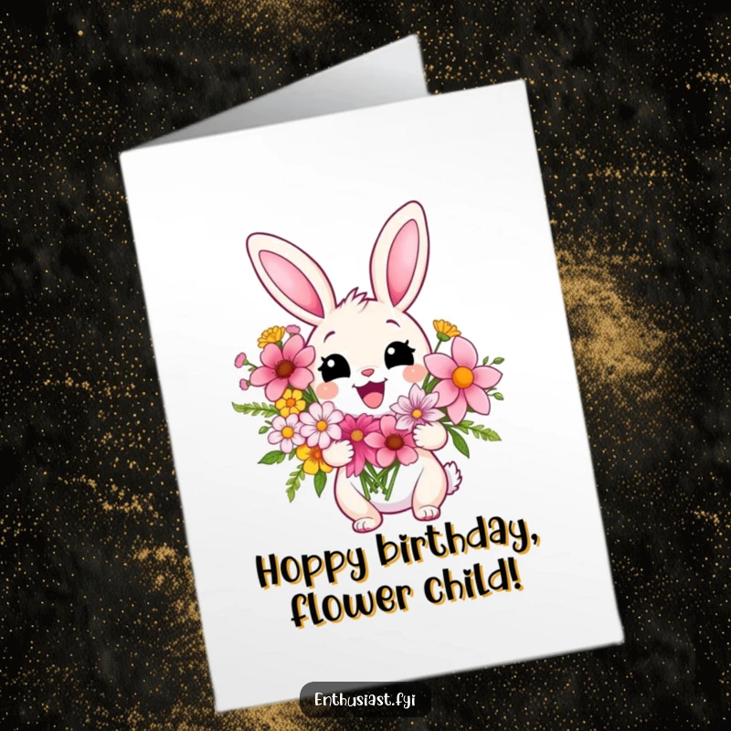 Funny Free Printable Birthday Card: Delighted rabbit holding a huge bouquet of vibrant flowers, looking very happy.