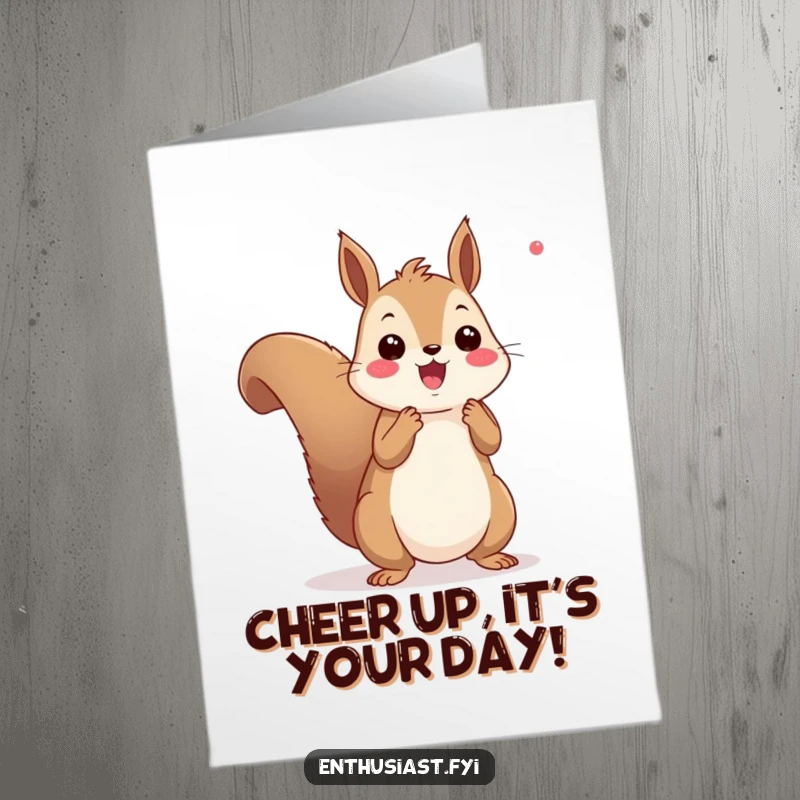 Funny Free Printable Birthday Card: A happy squirrel energetically cheers with tiny, fluffy pom-poms, radiating pure excitement.