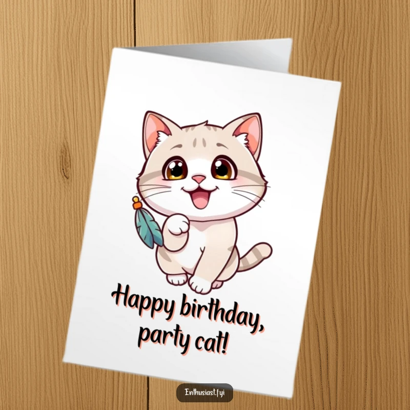Funny Free Printable Birthday Card: Cheerful cat with wide eyes gleefully batting at a dangling feathered toy.