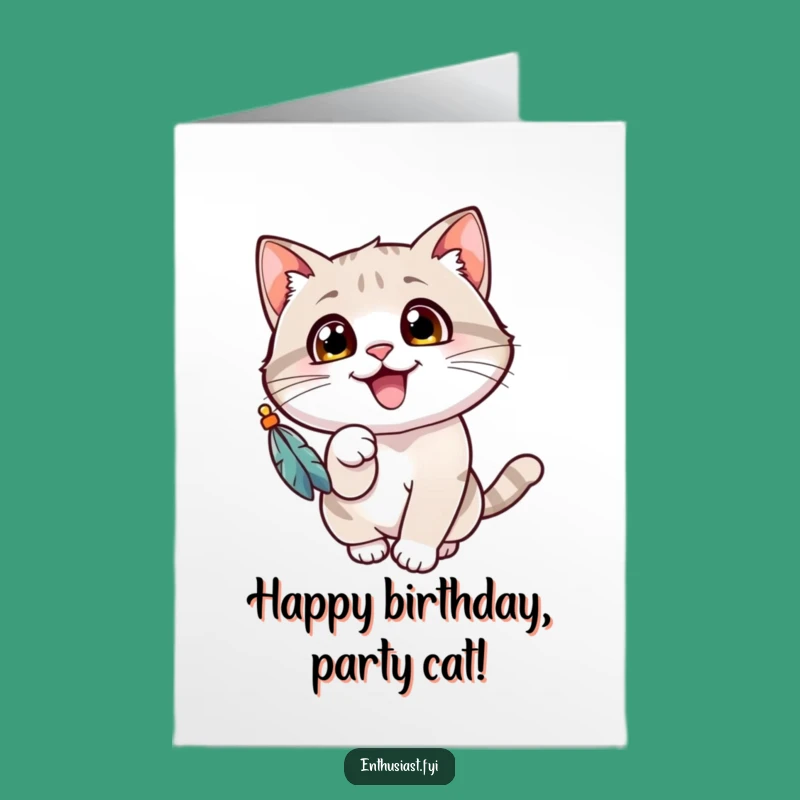 Free Printable Birthday Card: Cheerful Cat, Feather Toy, Fun DIY Downloadable Gift for Cat Lovers
