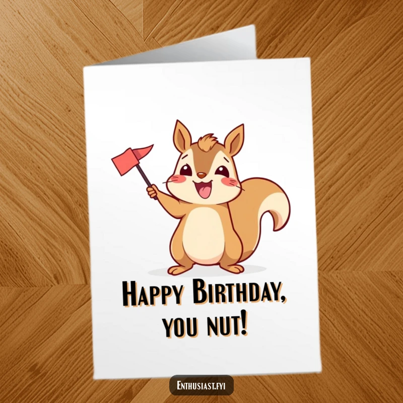 Funny Free Printable Birthday Card: Excited squirrel energetically waves a small flag, signaling the start of a wild celebration.