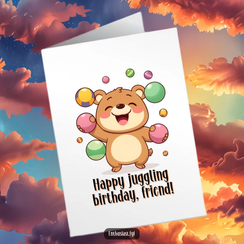 Funny Free Printable Birthday Card featuring a joyous bear character skillfully juggling colorful balls with a huge grin, DIY gift.