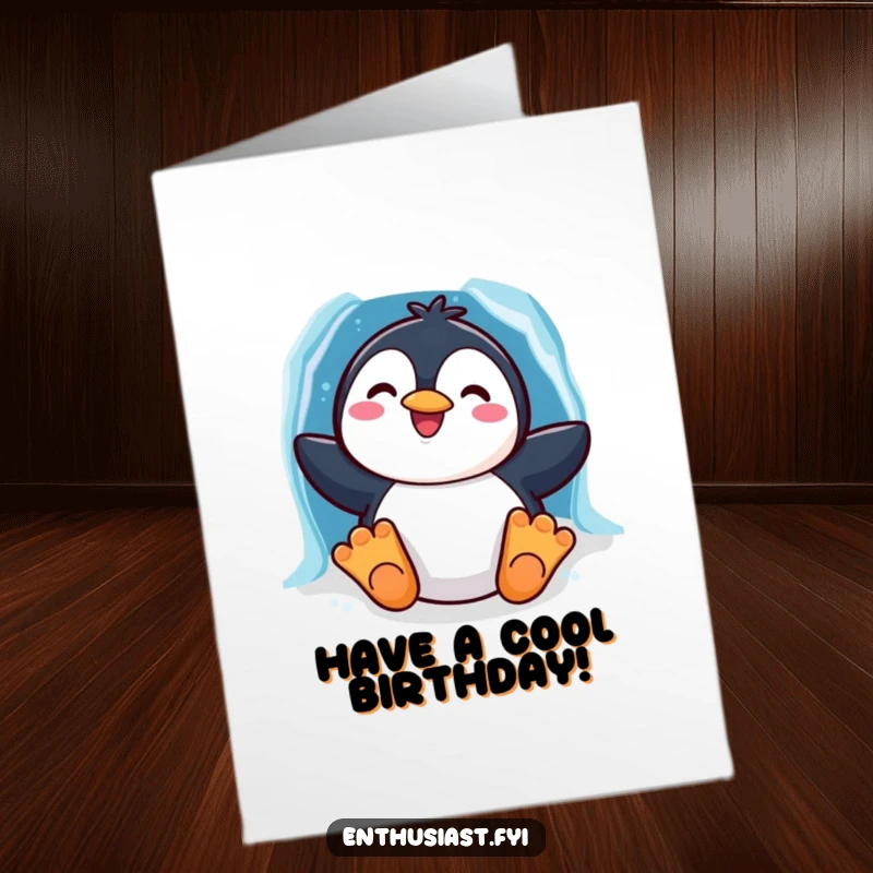 Funny Free Printable Birthday Card: A cheerful penguin sliding down a rainbow-colored ice chute.