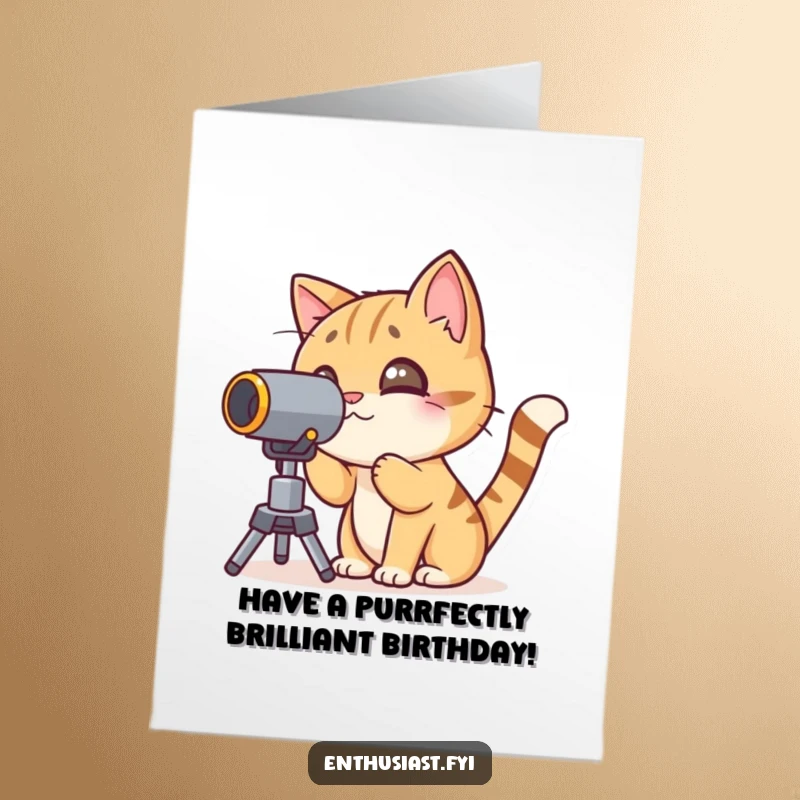 Funny Free Printable Birthday Card: A curious cat character peering through a telescope, looking for birthday fun.