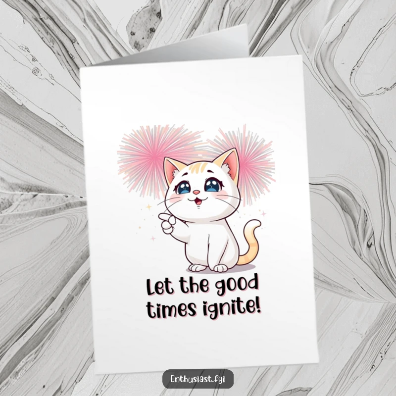 Funny Free Printable Birthday Card featuring a playful cat with sparkling eyes pointing at exploding fireworks.