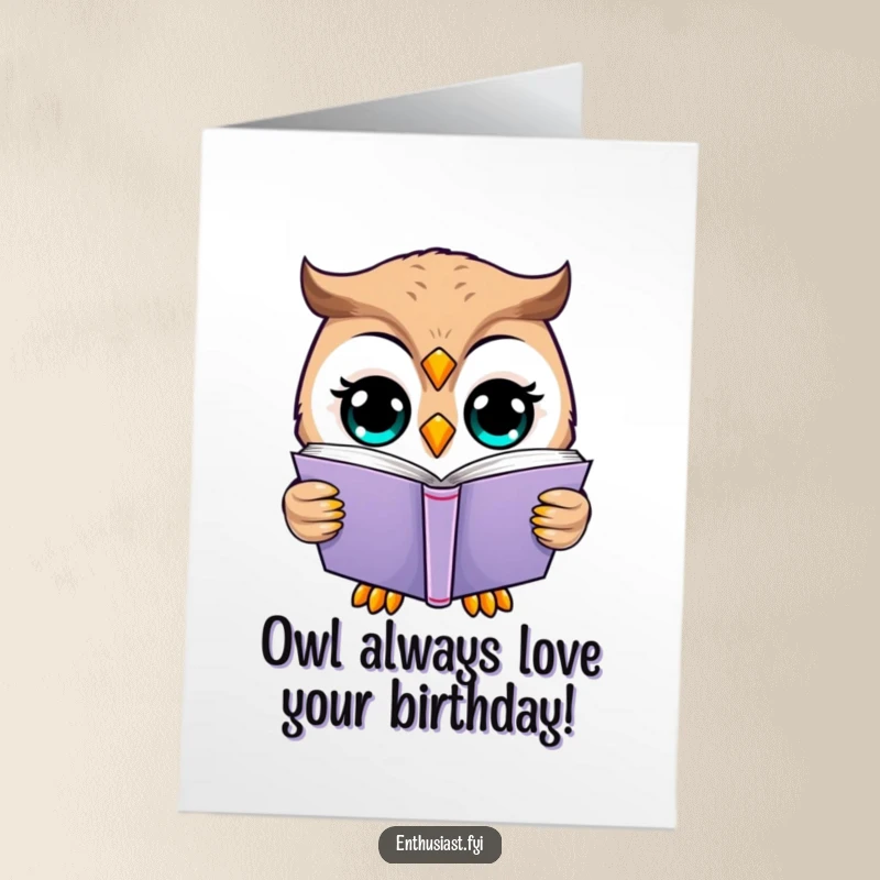 Funny Free Printable Birthday Card: Happy owl engrossed in a thick book, eyes wide with wonder, a smart downloadable gift.