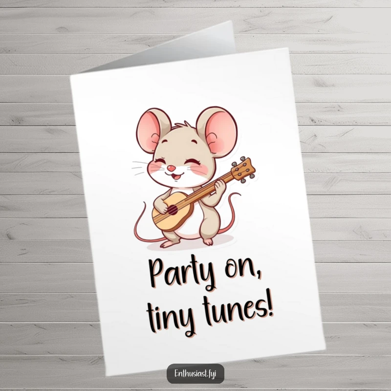 Funny Free Printable Birthday Card featuring a spirited mouse joyfully playing a tiny, cheerful musical instrument with a smile.