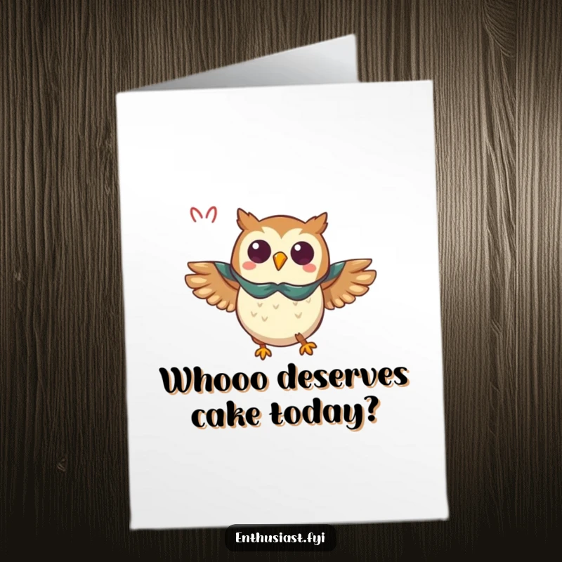 Funny Free Printable Birthday Card: Triumphant owl in a cape flying with great enthusiasm, celebrating.