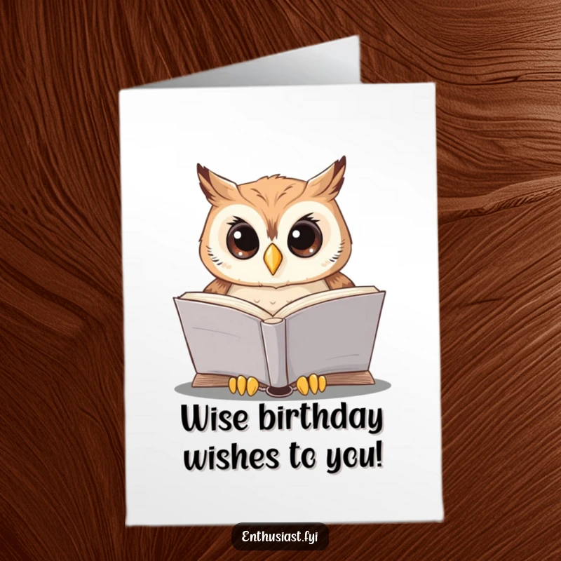 Funny Free Printable Birthday Card featuring a studious owl wearing glasses, engrossed in a large, open book.