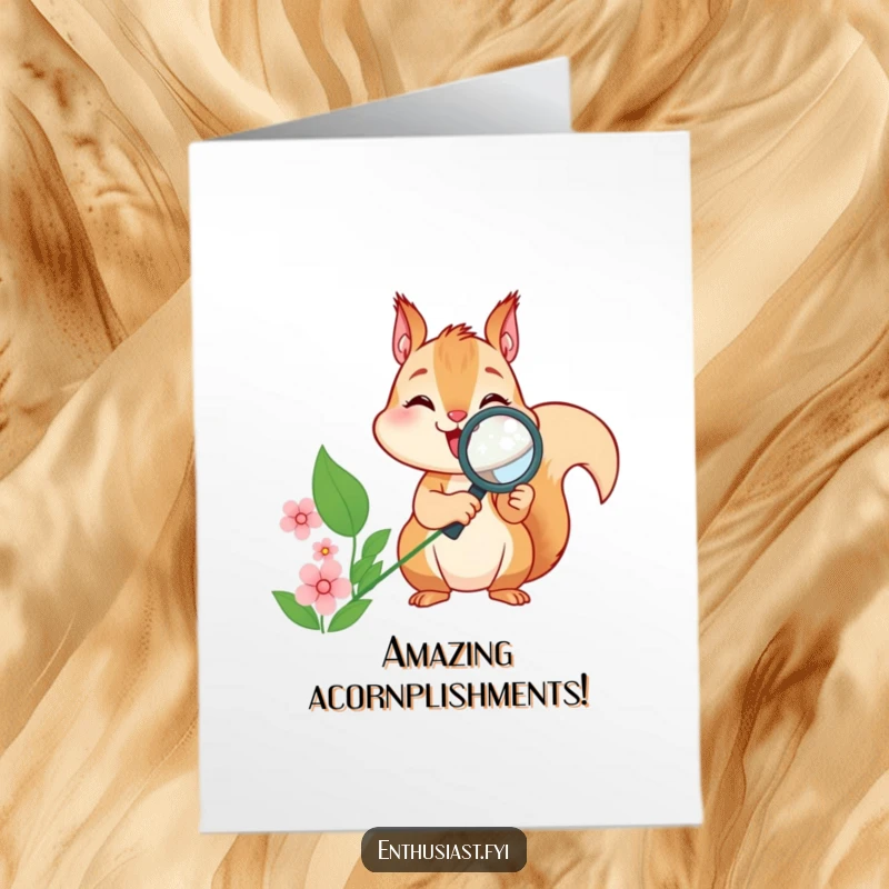 Funny Free Printable Congratulations Card: Joyful squirrel with magnifying glass exploring a flower, celebrating success.