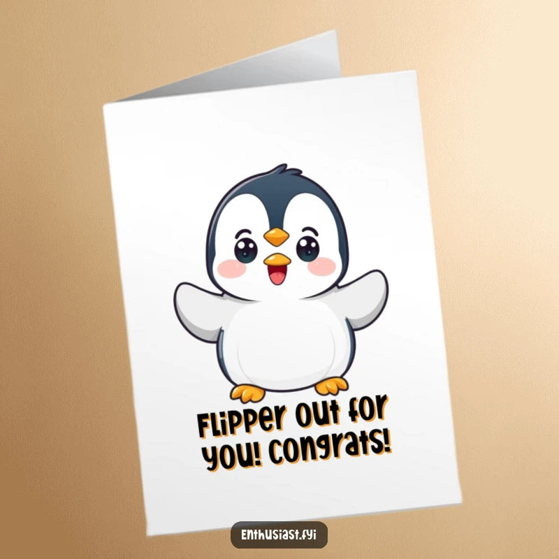 Funny Free Printable Congratulations Card: A delighted penguin excitedly waving flippers to celebrate a fantastic achievement.