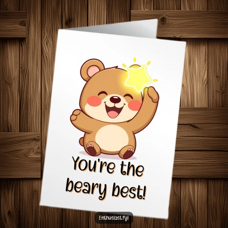 Funny Free Printable Congrats Card: Joyful bear with a wide grin holds up a glowing imaginary object.