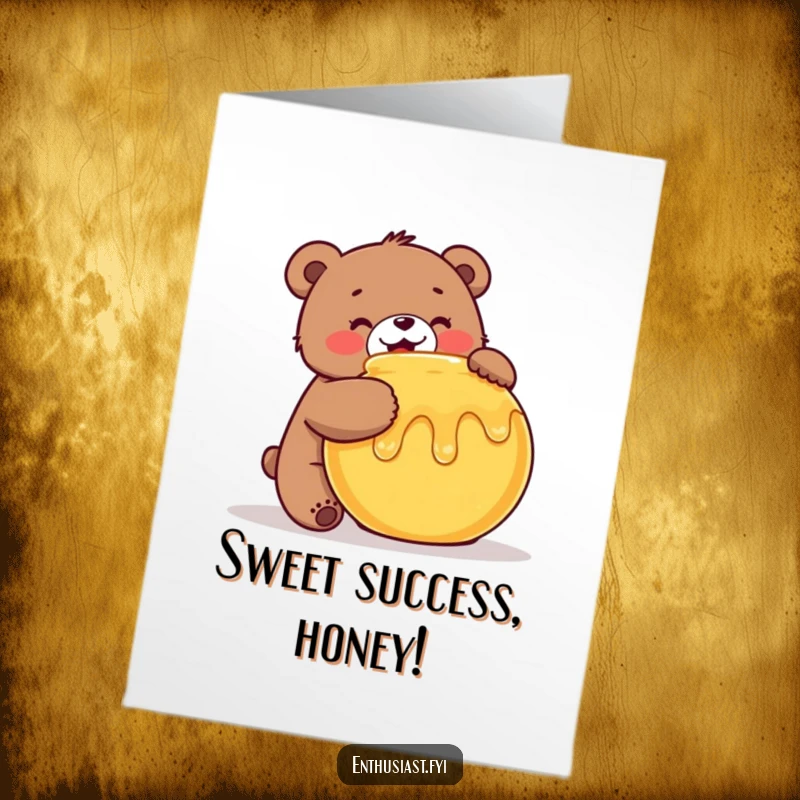 Funny free printable congratulations card with a cheerful bear hugging a large honey pot, celebrating a sweet victory.
