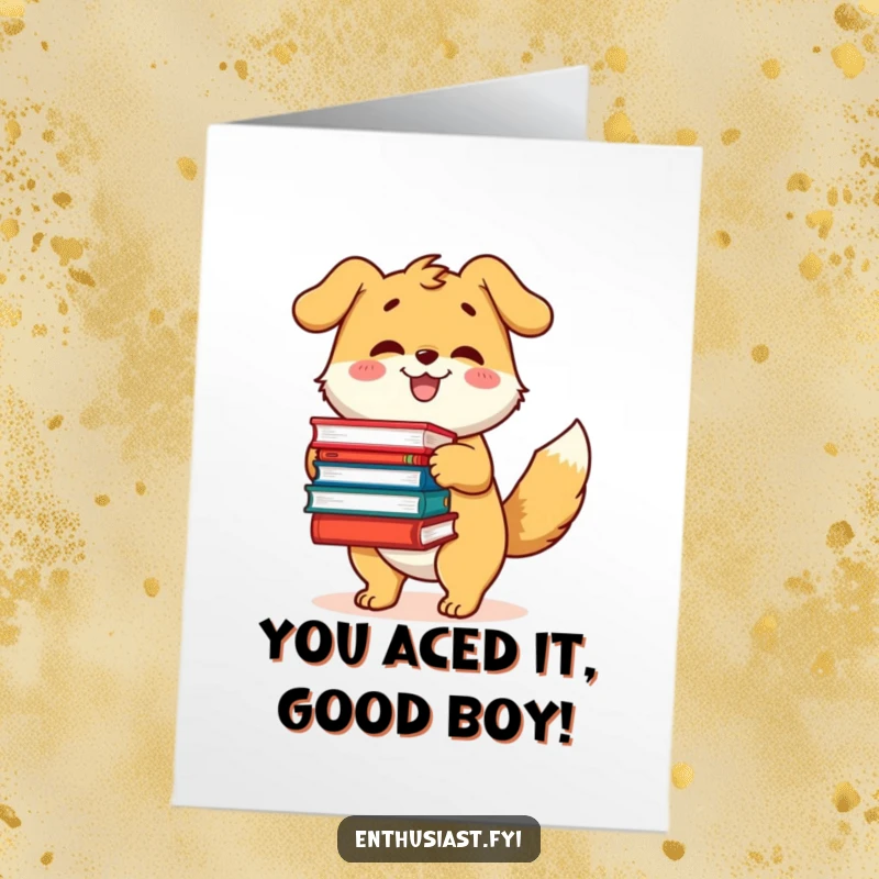Funny Free Printable Congratulations Card: Excited dog holding a huge stack of books, a pawsome downloadable gift.