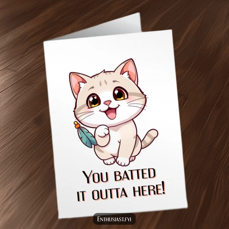 Funny Free Printable Congratulations Card: Cheerful cat gleefully batting at a dangling feathered toy.