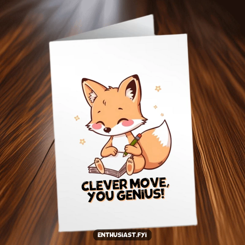 Funny Free Printable Congratulations Card: Playful fox holding a notebook, sketching rapidly to document success.