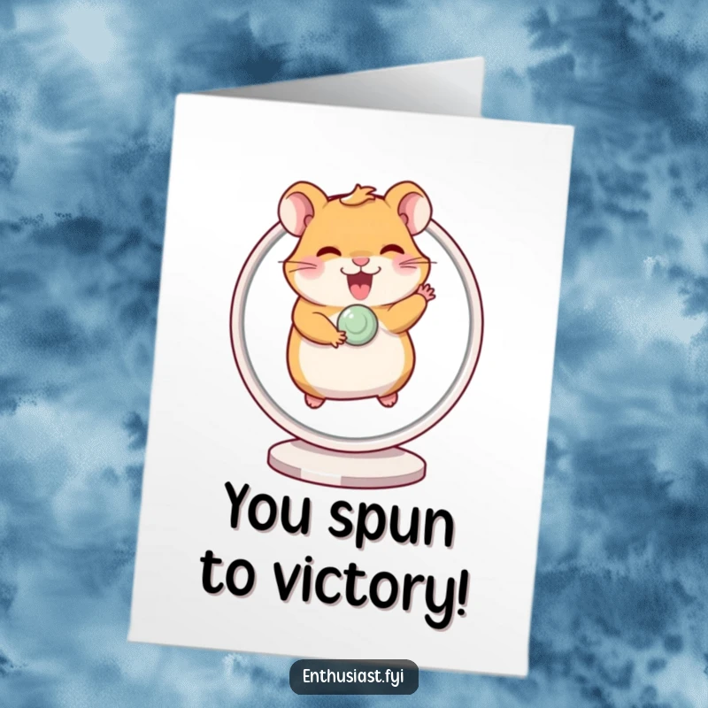 Free Printable Congratulations Card captures a giggling hamster excitedly running on a spinning wheel with great enthusiasm.