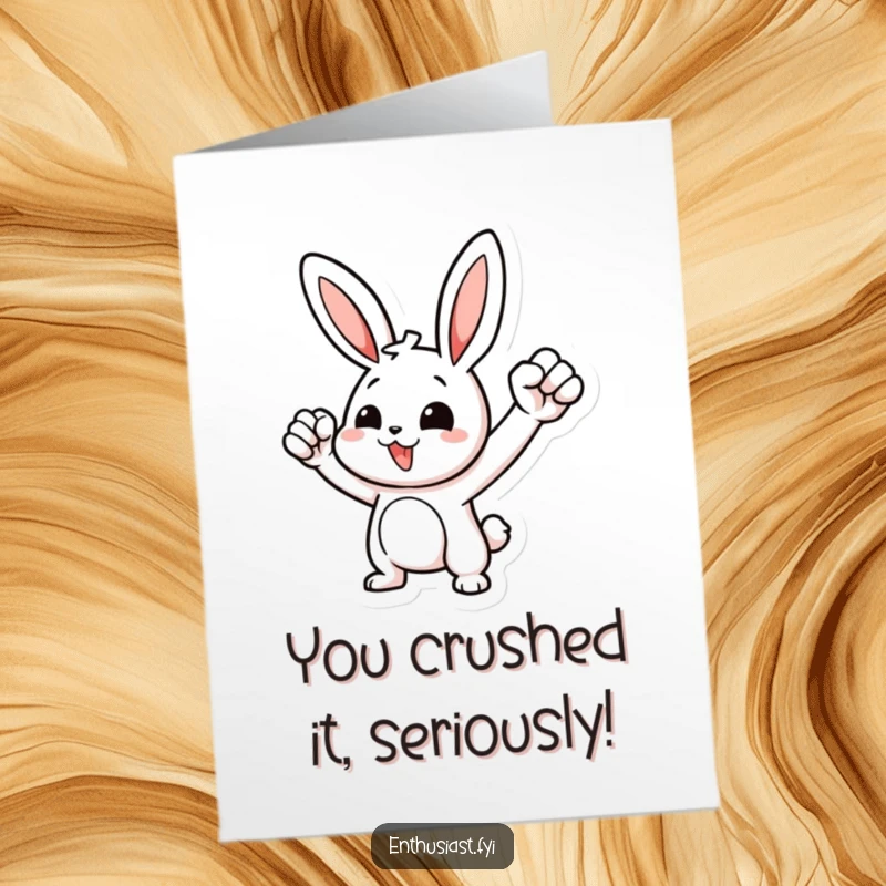 Funny Free Printable Congratulations Card: Energetic rabbit pumping fist in celebration of an achievement.