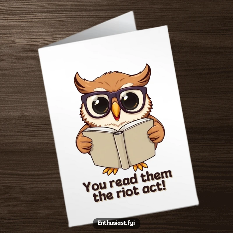Funny Free Printable Congrats Card: An excited owl wearing large glasses, reading a big book, signifying intellectual triumph.
