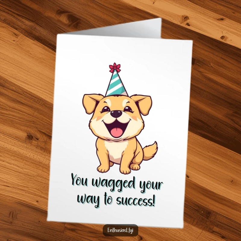 Funny free printable congratulations card: an excited dog in a party hat barks happily to celebrate success.