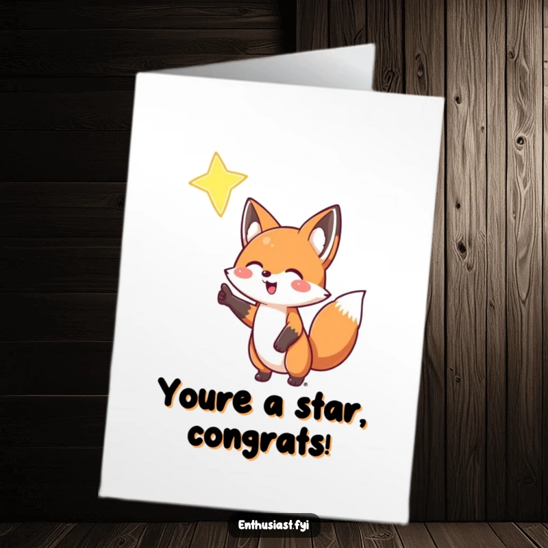 Funny free printable congratulations card showing a happy fox gesturing towards a bright star, celebrating an achievement.