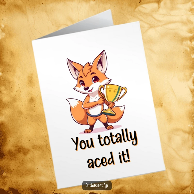 Funny Free Printable Congratulations Card: Victorious fox striking a proud pose with a massive, gleaming trophy.