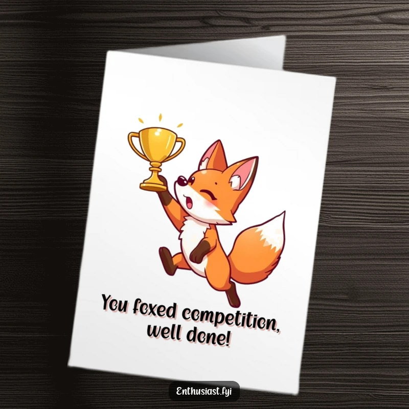 Funny Free Printable Fox Congratulations Card: A triumphant fox leaping for a shiny golden trophy, symbolizing their amazing achievement.