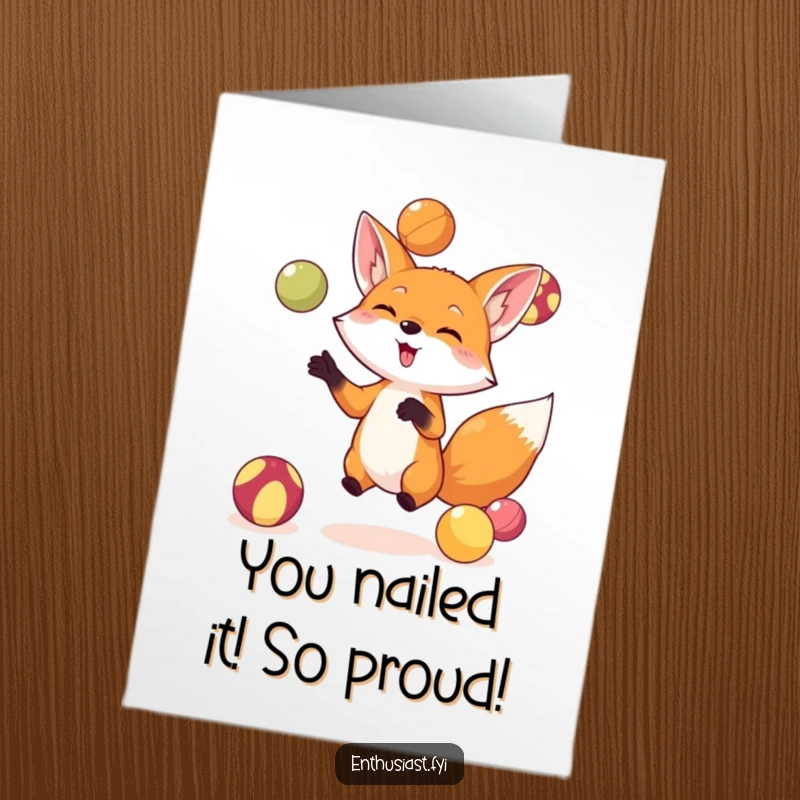 Funny Free Printable Congratulations Card: A dexterous fox masterfully juggles vibrant balls, celebrating a fantastic achievement.