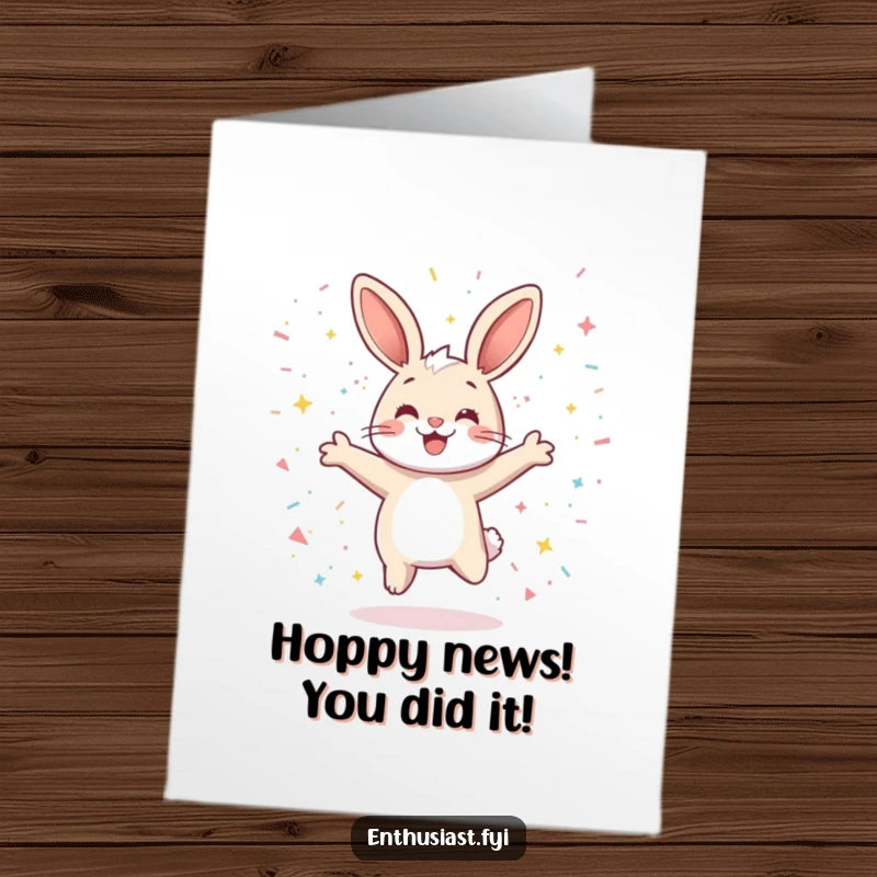 Funny Free Printable Congrats Card: An ecstatic rabbit performing a joyful airborne leap amongst dazzling confetti.