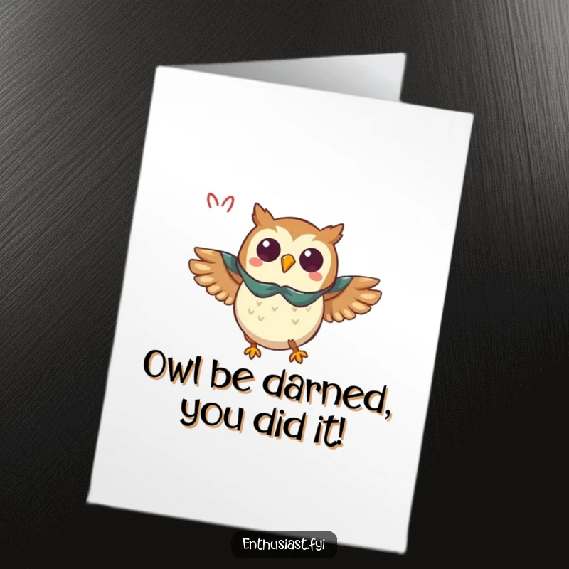 Funny Free Printable Congratulations Card: Triumphant owl wearing a cape flying with great enthusiasm, celebrating victory.