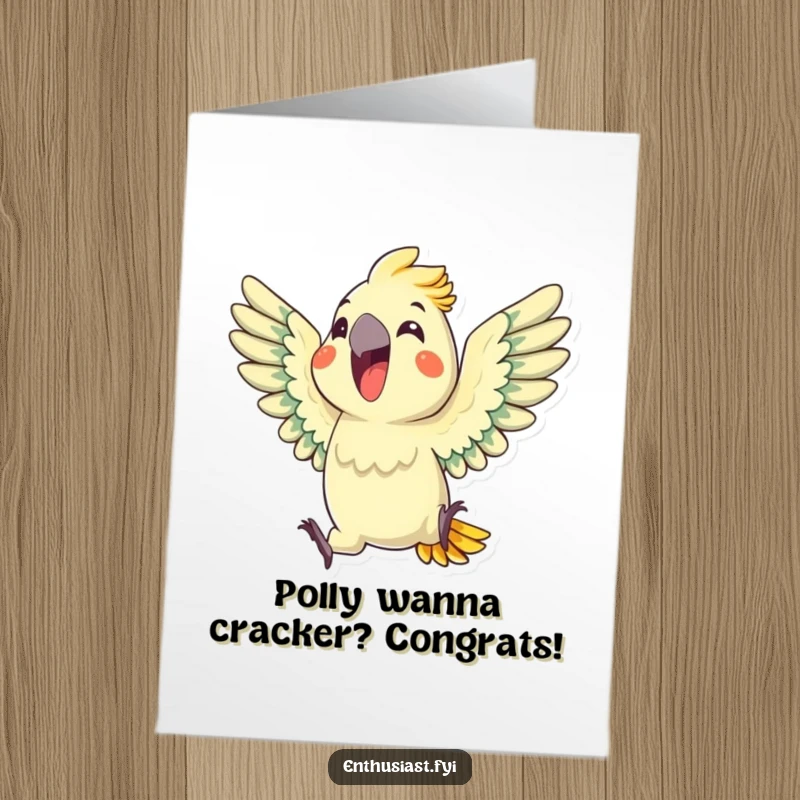 Funny free printable congratulations card of a delighted parrot squawking enthusiastically with wings spread, announcing good news.