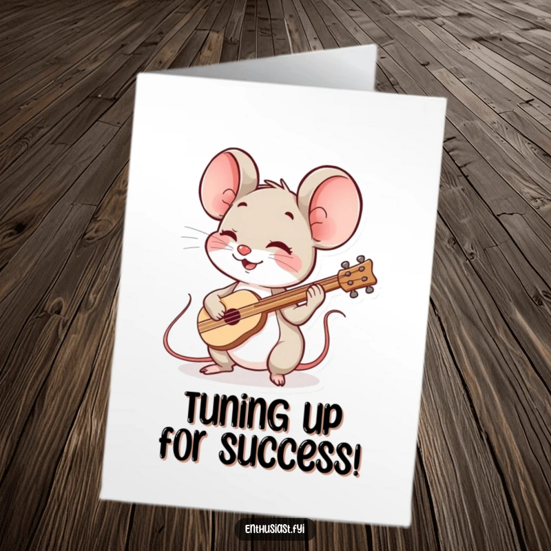Funny Free Printable Congratulations Card showing a spirited mouse enthusiastically playing a small, happy instrument.