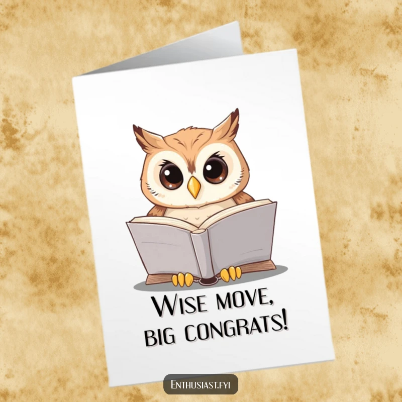 Funny Free Printable Congratulations Card depicting a wise owl with spectacles, intently reading a substantial book.