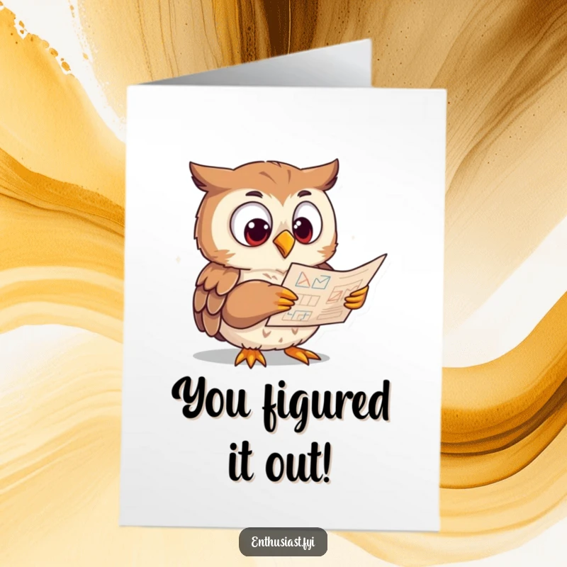 Funny Free Printable Congratulations Card showing an eager owl studying a complex diagram intensely, a DIY gift.