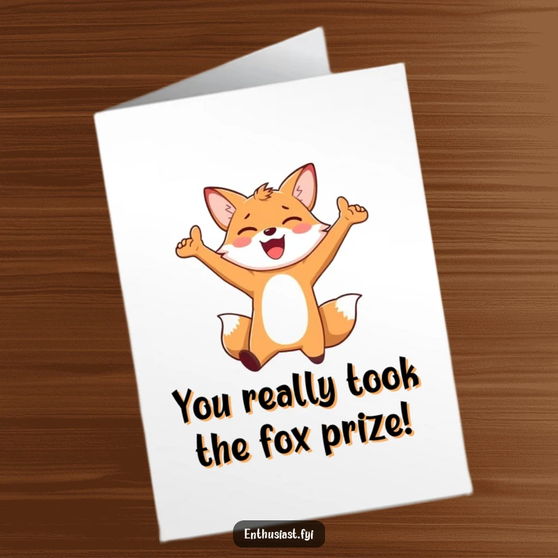 Funny Free Printable Congratulations Card featuring an enthusiastic fox character jumping for joy with arms outstretched, celebrating success brilliantly.