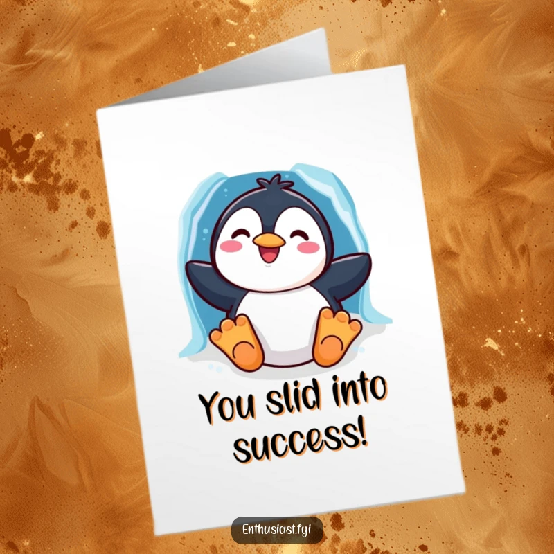Funny Free Printable Congratulations Card: A smiling penguin sliding down a vibrant rainbow ice chute.