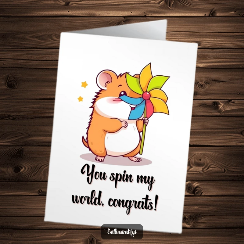 Funny Free Printable Congratulations Card with a high-energy hamster gleefully spinning a vibrant pinwheel.